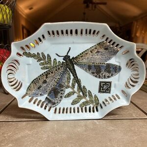 Vintage Dish Tray Dragonfly Botanical  Reticulated Edge Chinoiserie 8x11